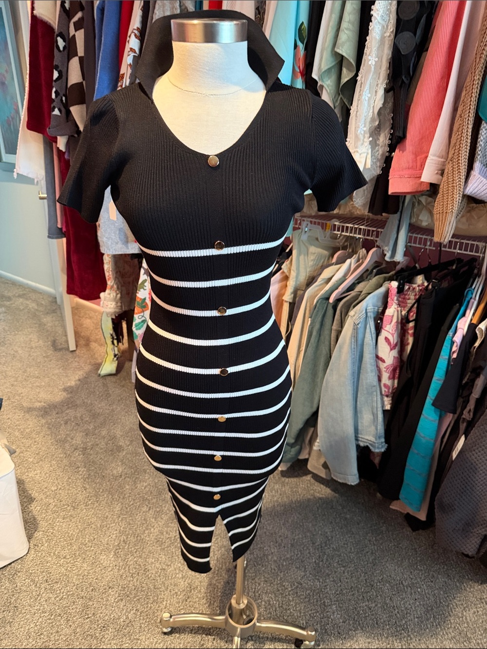 Women’s Black and White Striped Midi Dress with Gold Buttons